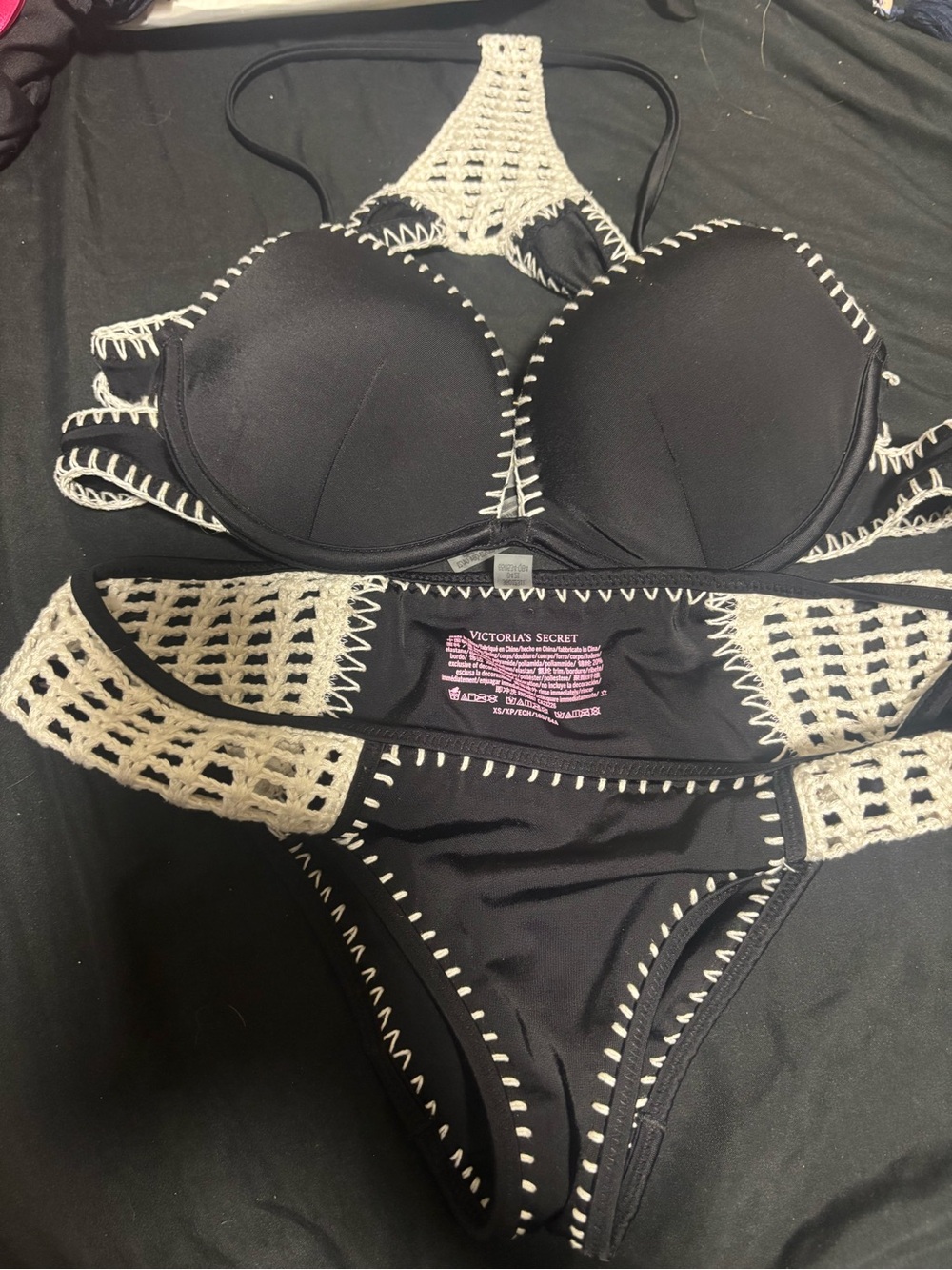 Victoria's Secret Black Bikini Set with Cream Crochet Trim